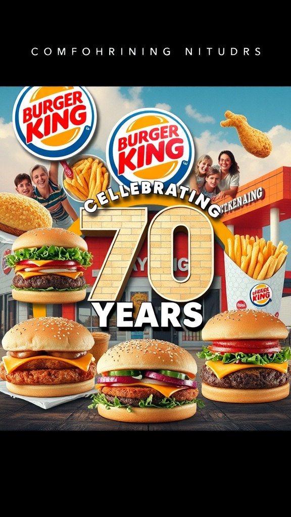 Celebrating 70 years of Burger King with a collage of iconic menu items against a backdrop of a vintage restaurant.